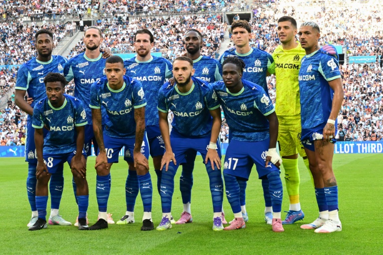L'équipe de l'OM avant un match amical contre Aston Villa, le 9 aoüt 2025 au Vélodrome