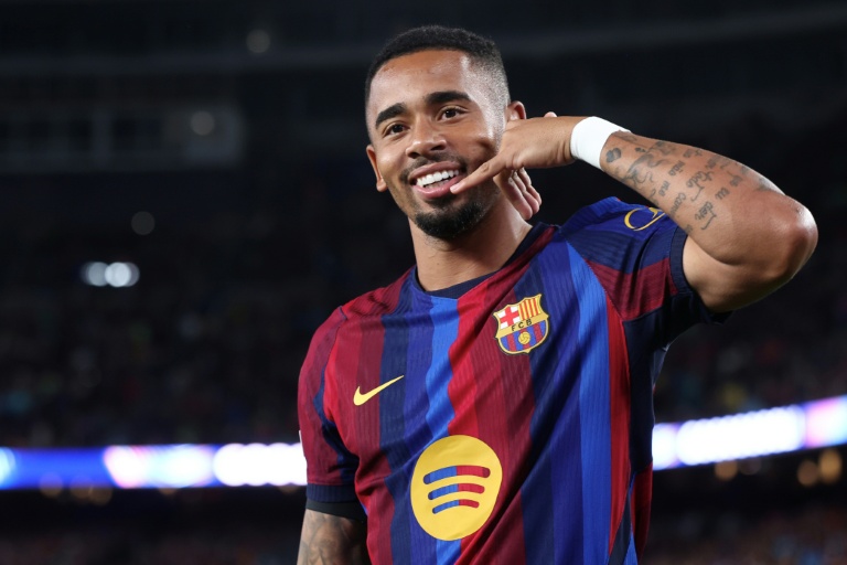 La recrue barcelonaise Gabriel Jesus fête son but contre Feyenoord, en Ligue des champions, le 9 septembre 2026 au Camp Nou