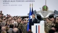 Le président  Emmanuel Macron lors des voeux aux forces armées à la base aérienne militaire d'Istres, dans le sud de la France, le 15 janvier 2026