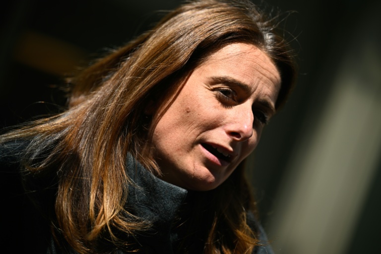 La patronne des Ecologistes Marine Tondelier devant des journalistes après une rencontre avec le Medef, Paris, le 23 avril 2026