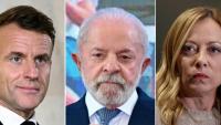 Ce montage de photos d'archives, montre le président Emmanuel Macron à Paris le 13 novembre 2025, le président Luiz Inácio Lula da Silva à Brasilia le 5 août 2025, et la Première ministre Giorgia Meloni lors d'une conférence à Johannesburg le 23 novembre 2025