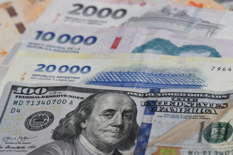 Des billets de 20.000, 10.000 et 2.000 pesos argentins et un billet de 10 dollars américains, le 11 avril 2025 à Buenos Aires