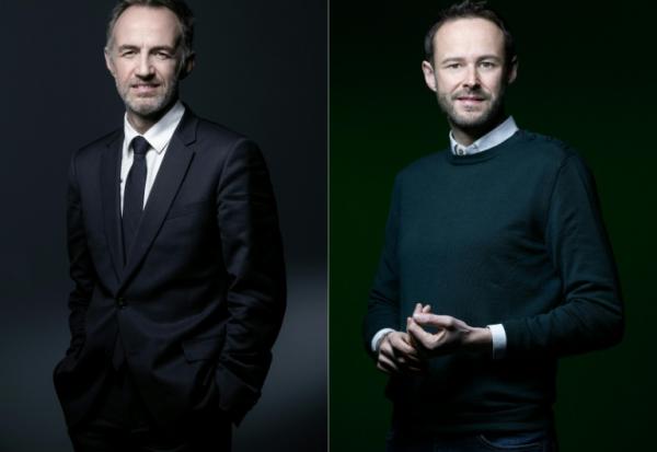 Photomontage créé le 17 décembre 2025 montrant le socialiste Emmanuel Grégoire (g) et l'écologiste David Belliard