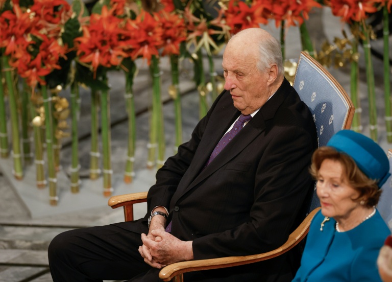 Le roi Harald V de Norvège et la reine Sonja de Norvège photographiés lors de la remise du prix Nobel de la paix 2024 à l'hôtel de ville d'Oslo, le 10 décembre 2024.