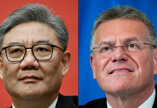 Combinaison d'images créée le 26 juin 2026 avec à gauche le ministre du commerce chinois à Pékin le 24 octobre 2025, et à droite le responsable des négociations commerciales de l'Union européenne, Maros Sefcovic à Bruxelles le 29 juin 2026