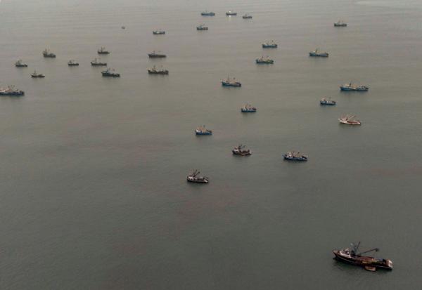 Des bateaux de pêche à l'anchois immobilisés dans le port de Callao, au Pérou, le 31 août 2026