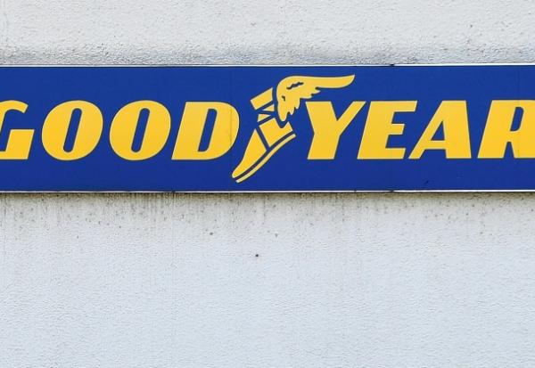 Logo Goodyear à l'usine de Colmar-Berg, le 14 mai 2024.