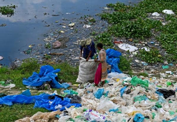 Des récupérateurs de déchets collectant des sacs plastiques pourles revendre à des recycleurs à Dacca au Bangladesh le 8 septembre 2024.