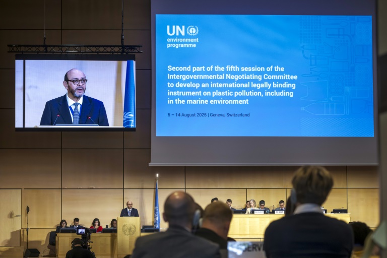 Luis Vayas Valdivieso, ambassadeur d'Equateur en Grande-Bretagne, qui préside les négociations onusiennes en vue d'établir un traité international contre la pollution plastique, photographié le 5 août 2025, à l'ouverture de la dernière séquence de discussions
