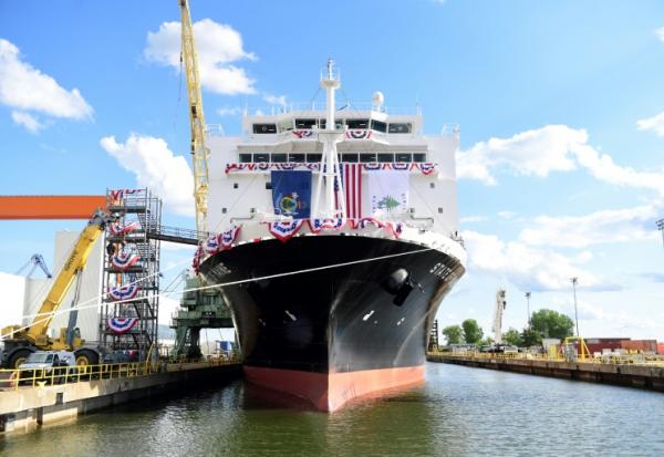 Le navire-école State of Maine, lancé le 26 août 2025, a été fabriqué dans le chantier naval du groupe sud-coréen Hanwha à Philadelphie (Pennsylvanie)