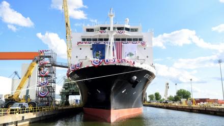 Le navire-école State of Maine, lancé le 26 août 2025, a été fabriqué dans le chantier naval du groupe sud-coréen Hanwha à Philadelphie (Pennsylvanie)