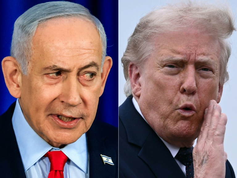 Cette image créée le 3 juin 2026 montre le Premier ministre israélien, Benjamin Netanyahu (G) à Jérusalem le 19 mars 2026 et le président américain Donald Trump dans le New Jersey le 22 mai 2026