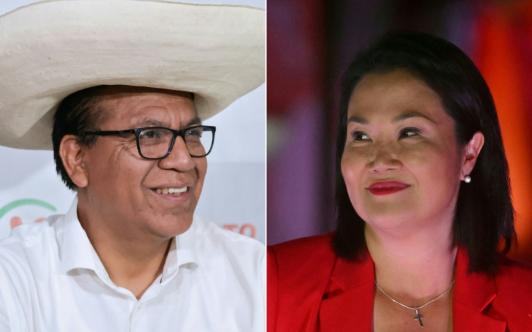 Montage d'images réalisé le 5 juin 2026 montrant la candidate de droite Keiko Fujimori et le candidat de gauche Roberto Sanchez, qui s'affronteront au second tour de l'élection présidentielle au Pérou