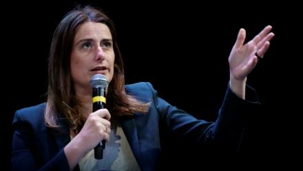 La secrétaire nationale des Ecologistes, Marine Tondelier, s'exprime lors du “Grand Débat des Gracques” le 11 avril 2026 à Paris