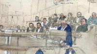 Ce croquis d'audience réalisé le 28 avril 2025 montre les accusés Aomar Ait Khedache (C, devant), François Delaporte (D, en haut), Florus Heroui (2e D, en haut) et Christiane Glotin (4e T, en haut) lors du procès pour le braquage et l'enlèvement de la célébrité américaine Kim Kardashian en 2016 devant la Cour d'assises de Paris, le 28 avril 2025