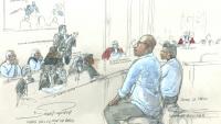 Croquis d'audience du 9 septembre 2026 montrant les militants d'extrême droite Loik Le Priol (2e d) et Romain Bouvier (3e d), au troisième jour de leur procès devant la cour d'assises de Paris pour le meurtre en 2022 du rugbyman international argentin Federico Martin Aramburu
