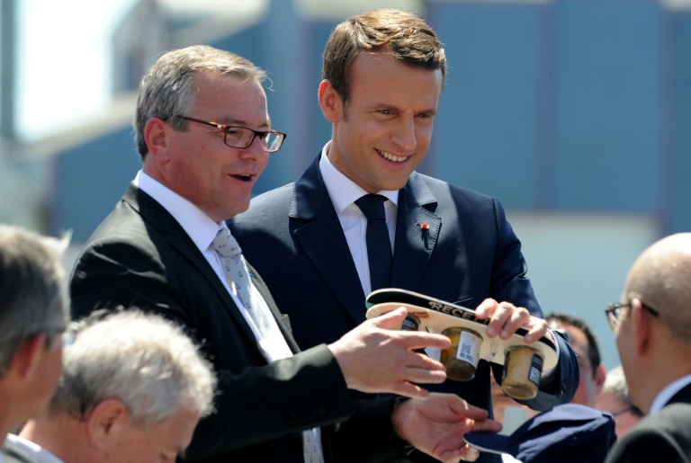 Le président du comité national des pêches, Olivier Le Nézet, avec à sa droite le président de la République Emmanuel Macron, le 1er juin 2017 au port de Lorient dans le Morbihan