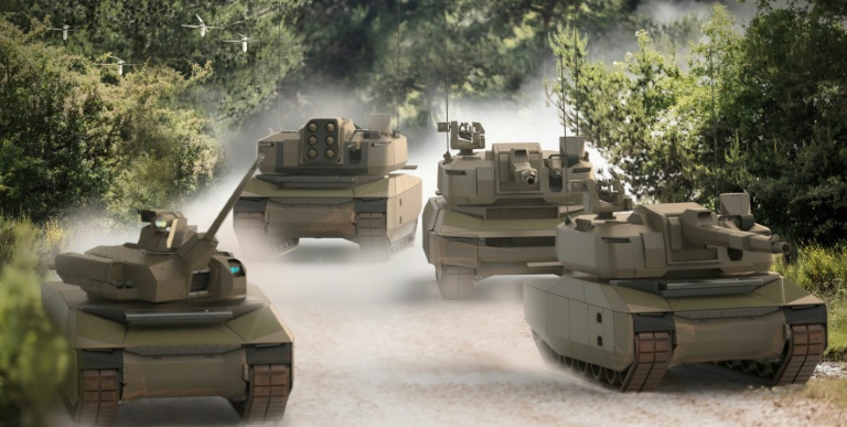 Document d'illustration distribué par KNDS, une division du fabricant d'armes appartenant au gouvernement français Nexter Systems, le 26 avril 2024, montrant des chars de combat avancés MGCS et des drones (en haut, g)