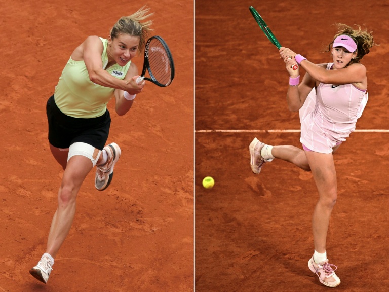 La Polonaise Maja Chwalinska (à gauche) et la Russe Mirra Andreeva lors de leurs quarts de finale respectifs à Roland-Garros, les 3 et 2 juin 2026. Les deux joueuses sont l'affiche totalement inattendue de la finale du Majeur parisien samedi sur le court Philippe-Chatrier