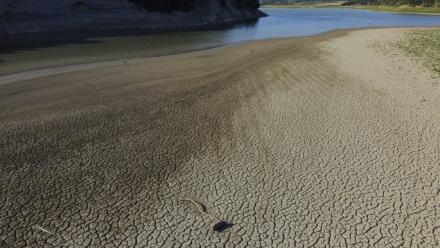 Le lit asséché d'un bras de rivière approvisionnant un barrage à Elena, en Bulgarie, le 2 juillet 2025