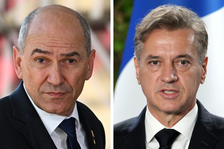 Les candidats à la présidentielle slovène Janez Jansa (à gauche) et Robert Golob