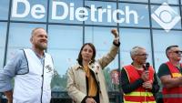 La secrétaire générale de la CGT Sophie Binet lors d'un rassemblement en soutien aux salariés du chauffagiste BDR Thermea, à Mertzwiller (Bas-Rhin), le 5 juin 2025