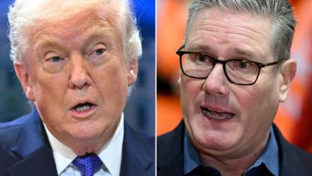 Combinaison d'images créée le 3 mars 2026 du président américain Donald Trump, à gauche, le 20 février 2026 à Washington et du Premier ministre britannique Keir Starmer, à droite, le 18 février 2026 à Cardiff