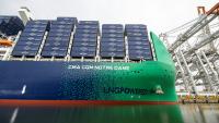 Le "Notre-Dame", plus gros porte-conteneurs sous pavillon français, du géant CMA CGM, dans le port du Havre (nord-ouest de la France), le 30 juin 2026