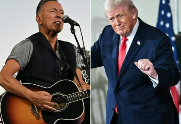 Ce montage photo, réalisé le 2 avril 2026, montre (de gauche à droite) le musicien américain Bruce Springsteen se produisant lors d'un meeting de campagne pour la candidate démocrate à la présidentielle, Kamala Harris, au stade James R. Hallford de Clarkston, en Géorgie, le 24 octobre 2024, et le président américain Donald Trump dansant après un discours prononcé devant des militaires et leurs familles à Fort Bragg, en Caroline du Nord, le 13 février 2026