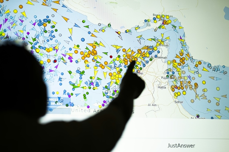 Un personne devant un écran affichant les mouvements des navires dans le détroit d'Ormuz sur un site web de suivi des navires, le 4 mai 2026 à Nicosie, à Chypre