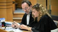 Alexandre Martin (G) and Emmanuelle Franck (D), avocats de Cédric Jubillar, à Albi, le 13 octobre 2025
