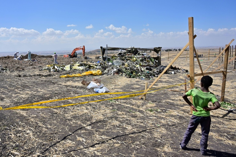 Sur le site du crash du Boeing 737 MAX d'Ethiopian Airlines à Bishoftu (Ethiopie), le 16 mars 2019.