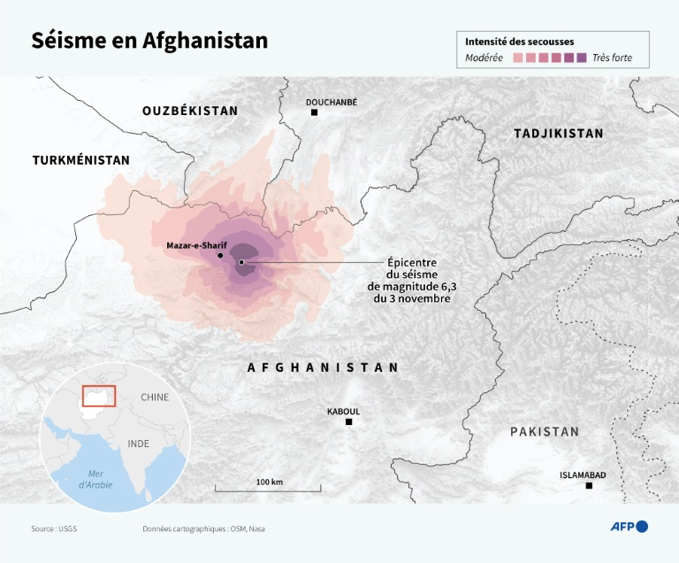 Carte de l'intensité du séisme de magnitude 6,3 qui a frappé l'Afghanistan dans la nuit du dimanche 2 au lundi 3 novembre 2025