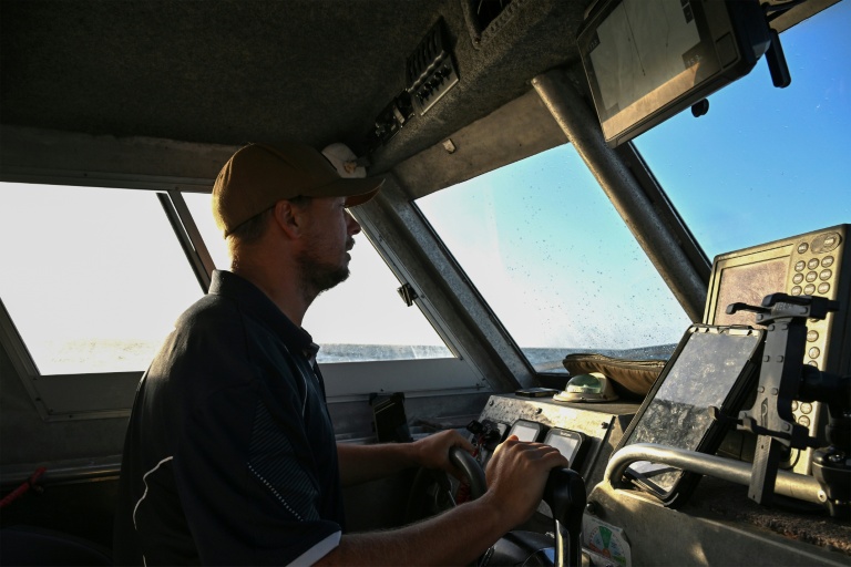 Un membre du programme de surveillance des requins s'approche d'un site pour récupérer des lignes de pêche intelligentes équipées d'hameçons appâtés, près de Coffs Harbour, en Nouvelle-Galles du Sud, le 10 novembre 2025 en Australie