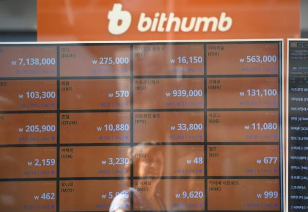 Un écran affiche les taux de change des cryptomonnaies de la plateforme Bithumb, à Séoul, le 20 juin 2018
