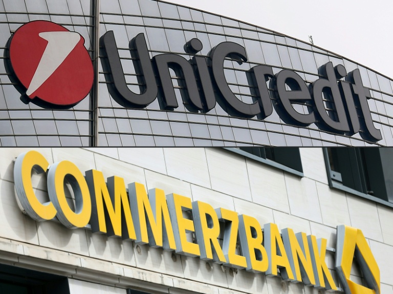 Montage photos du 18 décembre 2024 montrant les logos d'Unicredit et de Commerzbank
