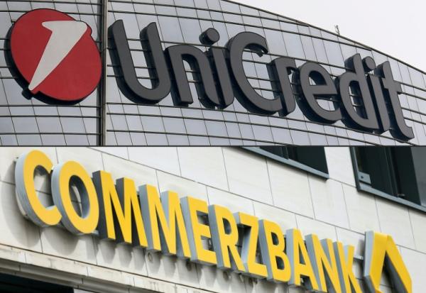 Montage photos du 18 décembre 2024 montrant les logos d'Unicredit et de Commerzbank