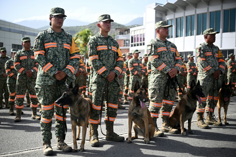 Des membres d'une équipe de secours de l'armée mexicaine, accompagnés de chiens renifleurs, sur le tarmac de l'aéroport international Simón Bolívar à La Guaira, au Venezuela, après deux séismes dévastateurs