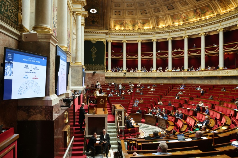 Un écran affiche l'adoption par les députés du premier article de la loi sur la protection de l'enfance et la lutte contre la violence dans les écoles à l'Assemblée nationale, le 1er juin 2026 à Paris